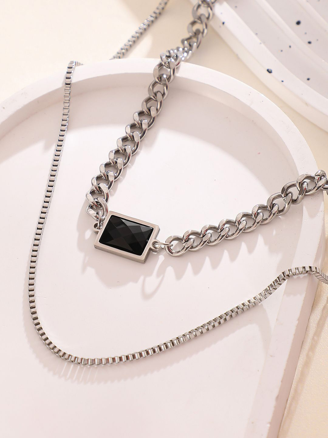 French Accent Men Silver-Plated Artificial Stones Studded Multi-Layer Minimal Chain