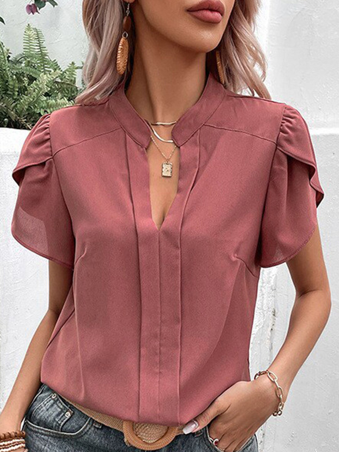 StyleCast x Revolte Nude Tie-up Neck Shirt Style Top