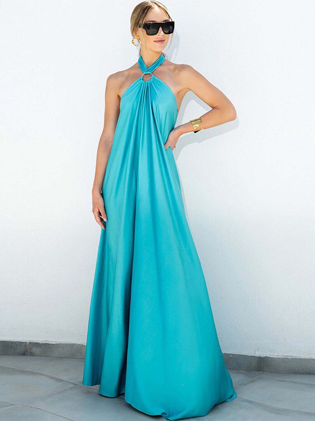 StyleCast x Revolte Blue Halter Neck Cotton Maxi Dress