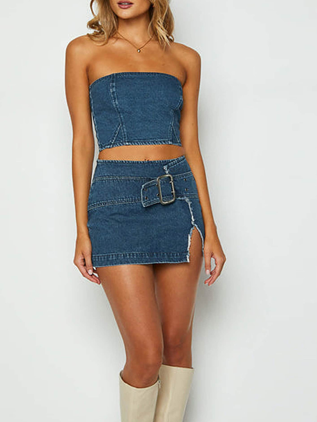 LULU & SKY Denim Tube Top With Skirt Co-Ords