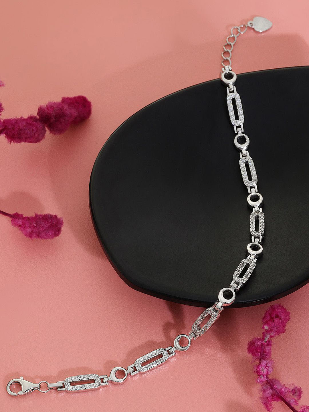 Tweov Jewels 925 Sterling Silver Rhodium-Plated CZ Studded Rectangular Link Chain Bracelet