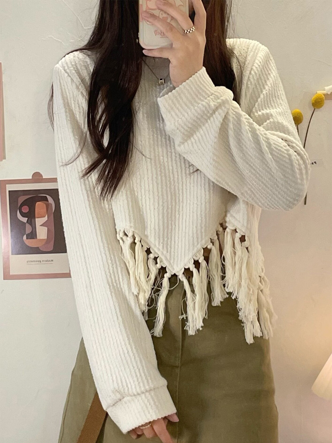 LULU & SKY Self Design Tassled Crop Top