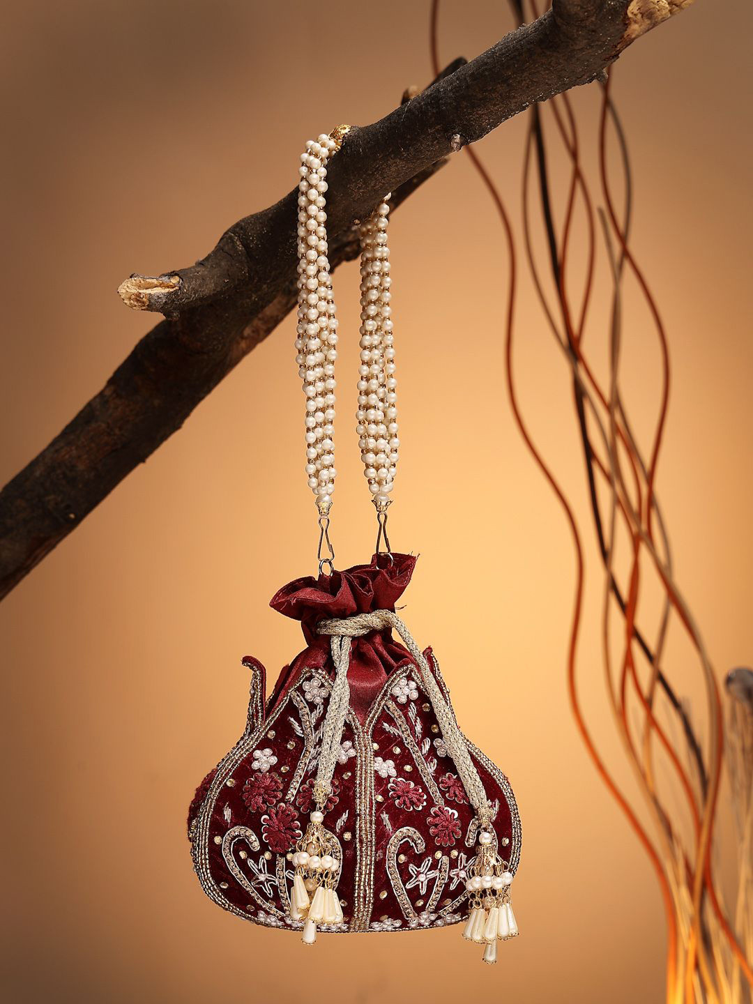 Anekaant Lotus Dark Maroon & Gold Floral Embellished Velvet Potli