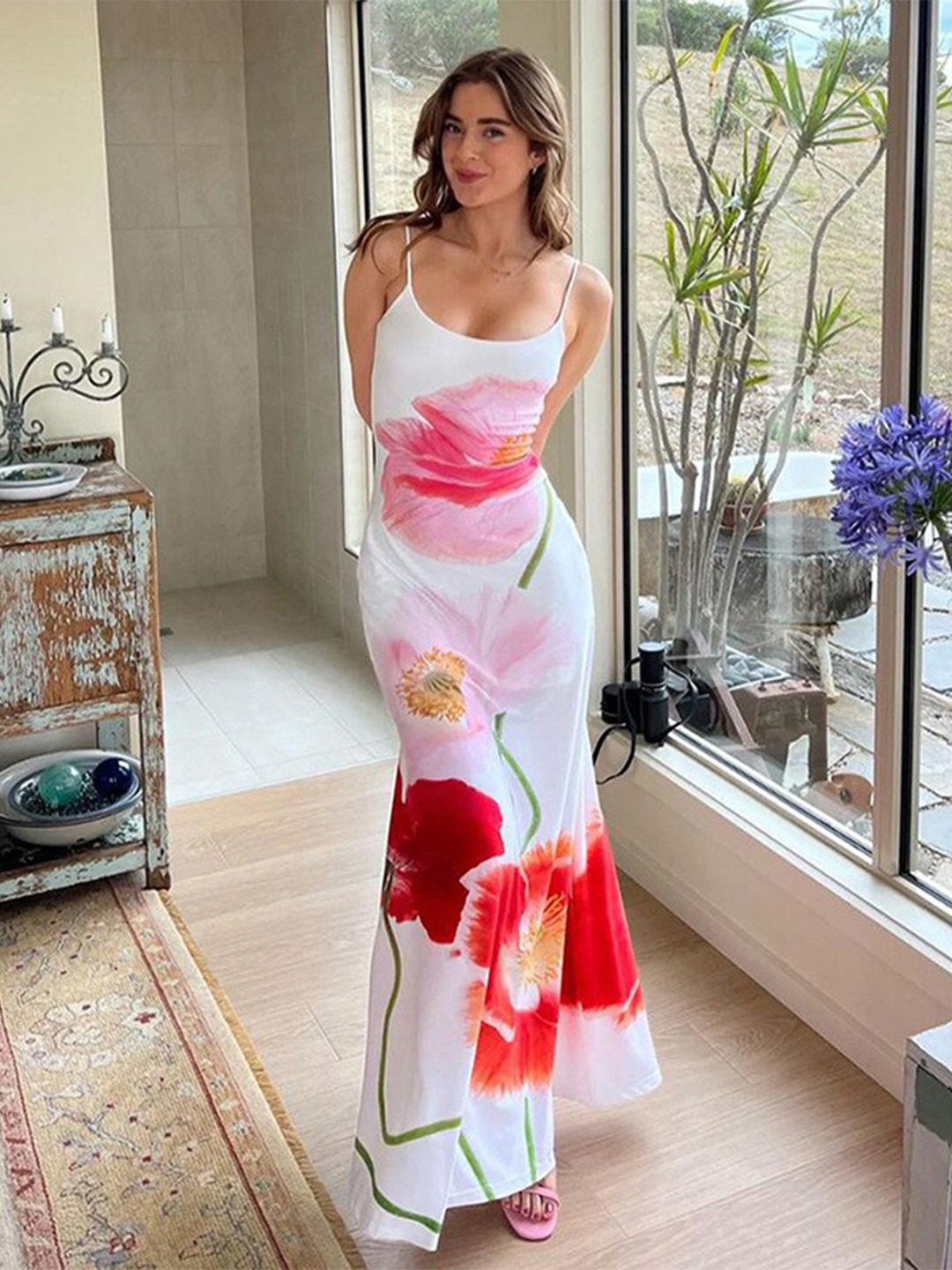 StyleCast x Revolte White & Pink Floral Printed Shoulder Straps Fit and Flare Dress