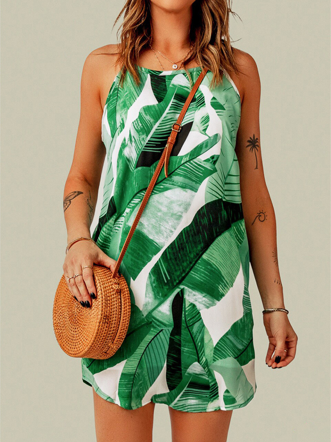 StyleCast Green Tropical Abstract Halter Neck Mini Dress