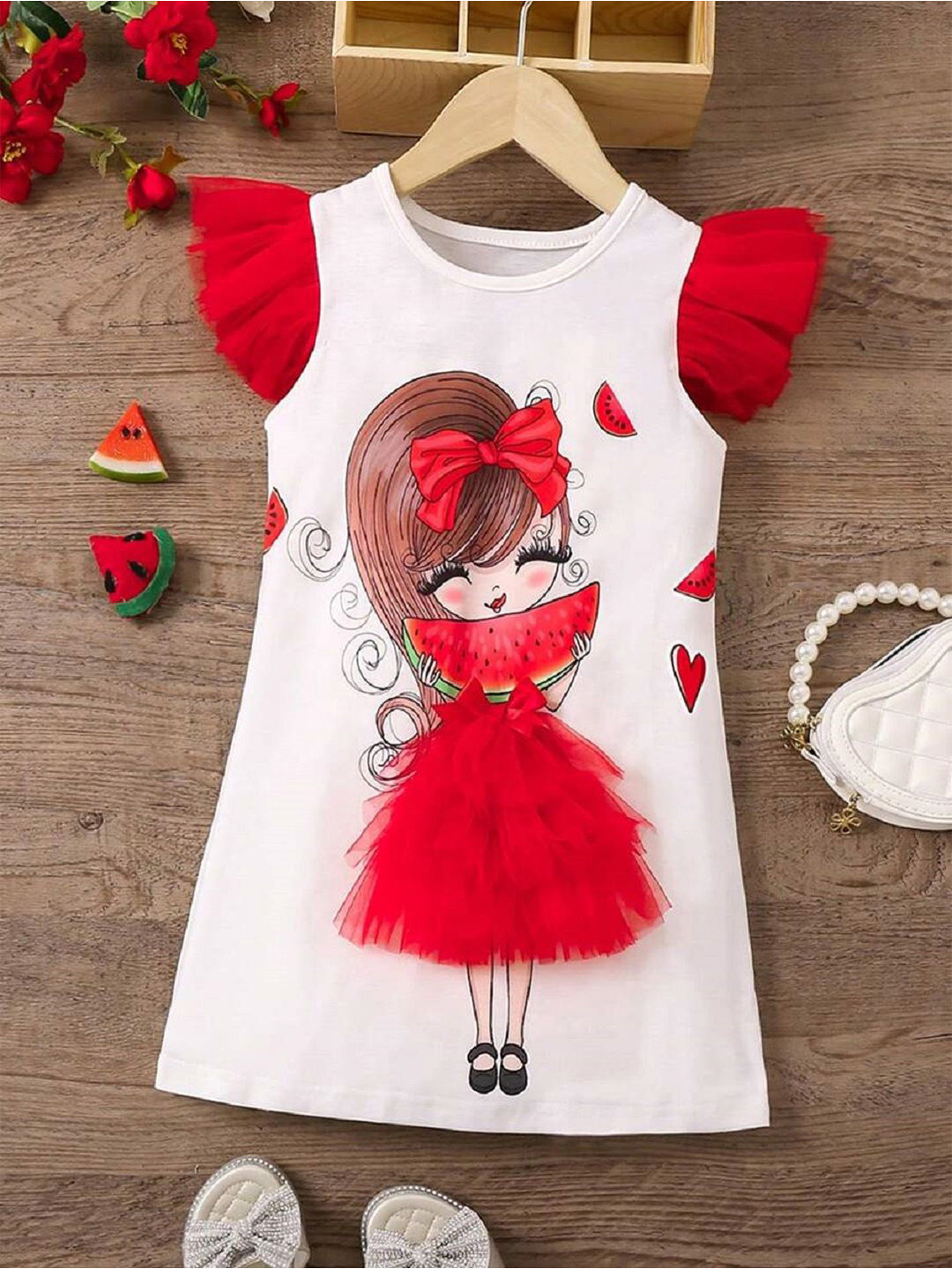 White World Girls Graphic Print Ruffle Knee Length A-Line Dress