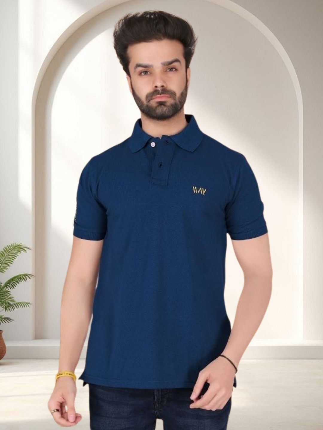 WATAY Brand Logo Printed Polo Collar Pure Cotton T-shirt