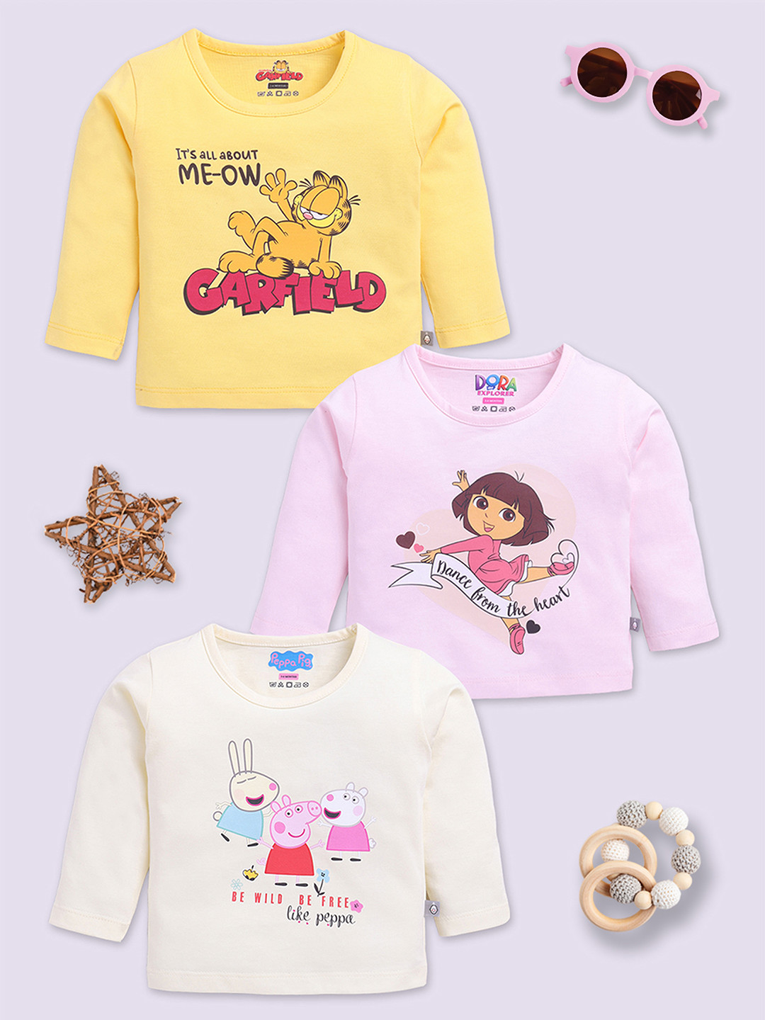 YK X Tinyo Girls Set of 3 Printed Cotton T-shirts