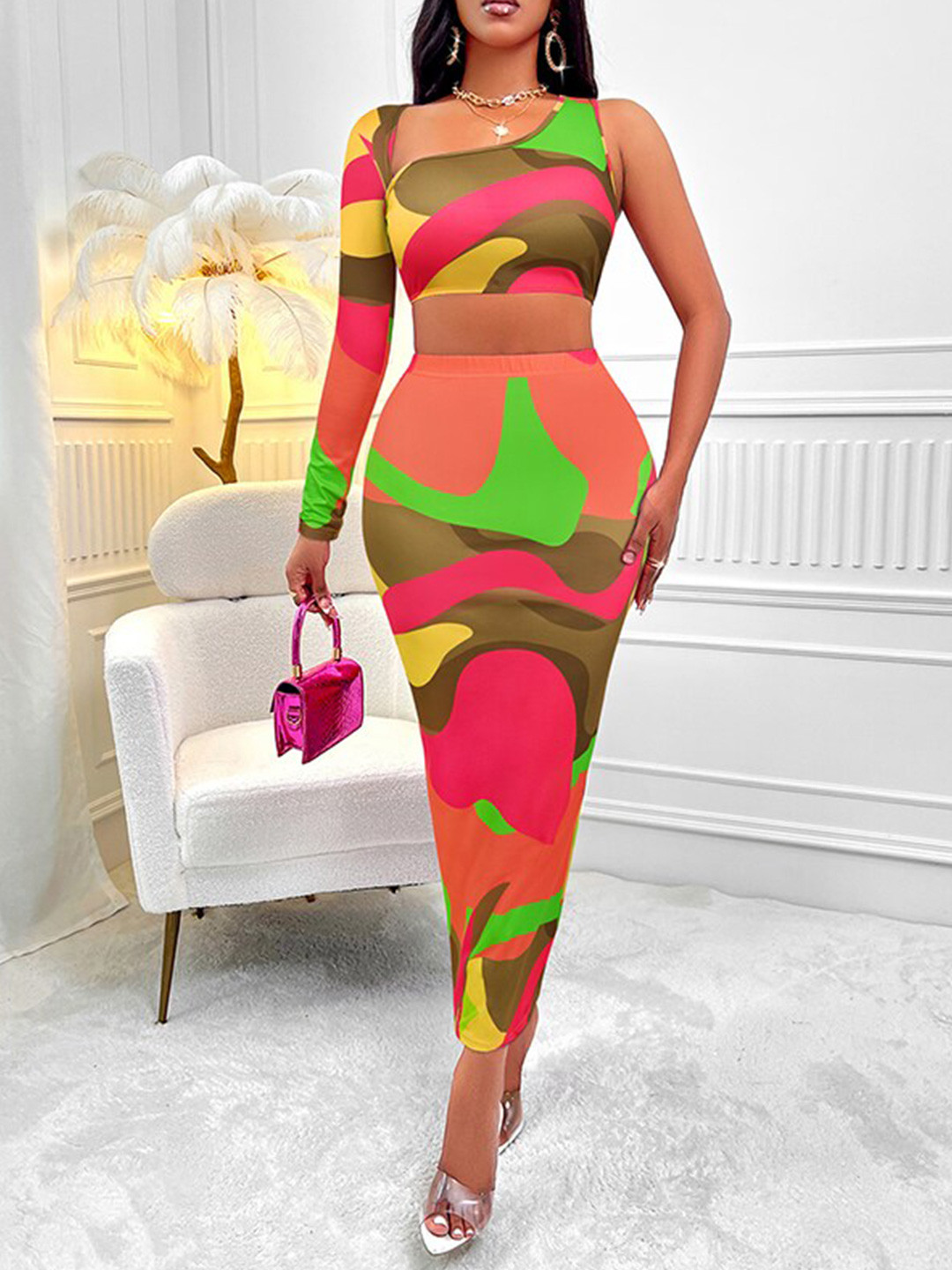 StyleCast Orange Printed Top and Skirt