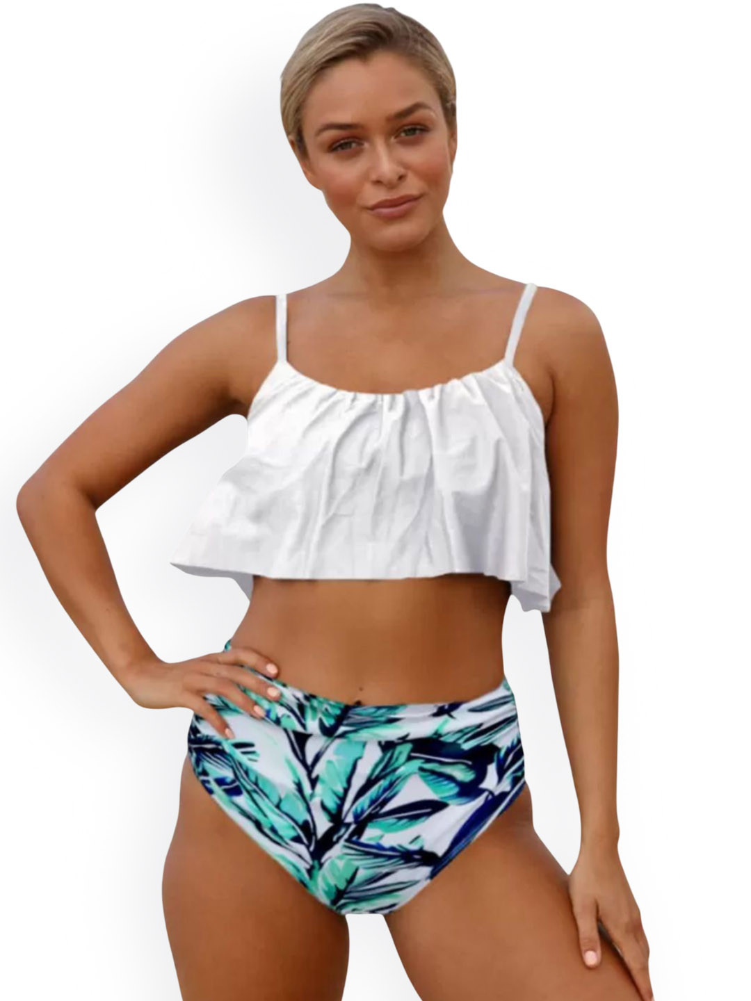 ANGEL CROSHET Printed Ruffled High Waist Swim Bikini Set