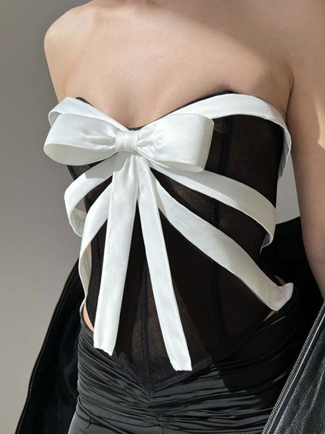 LULU & SKY Black & White Strapless Bow Corset Crop Top