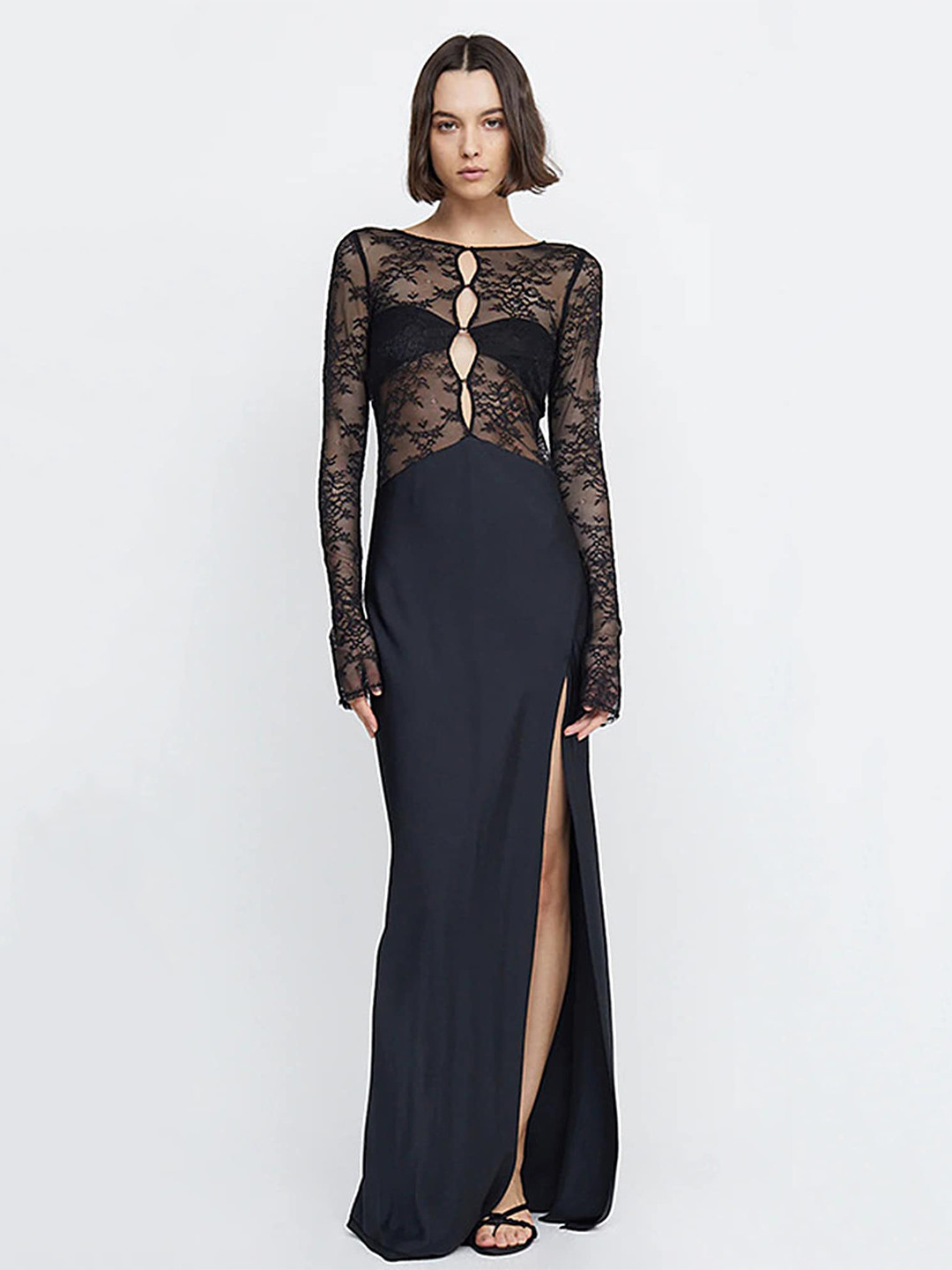 LULU & SKY Cut-Out Detail Laced Semi Sheer Boat Neck Maxi Sheath Dress