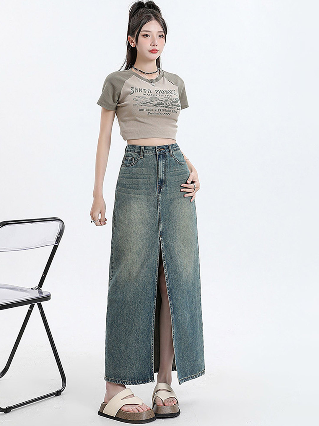 LULU & SKY A-Line Maxi Slit Denim Skirt