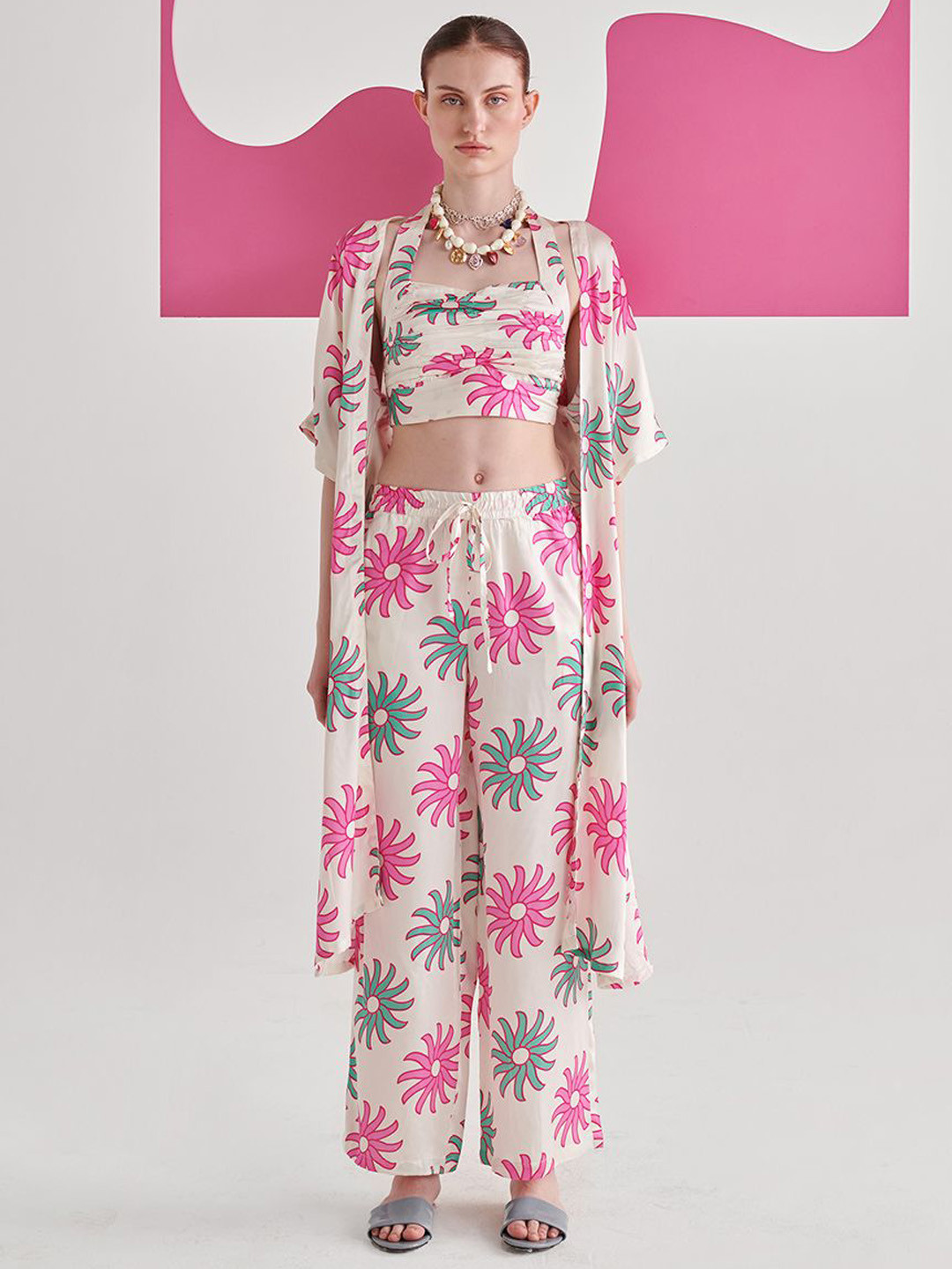 Midsummer Ray Kimono Printed Bralette With Palazzo & Jacket Co-Ords