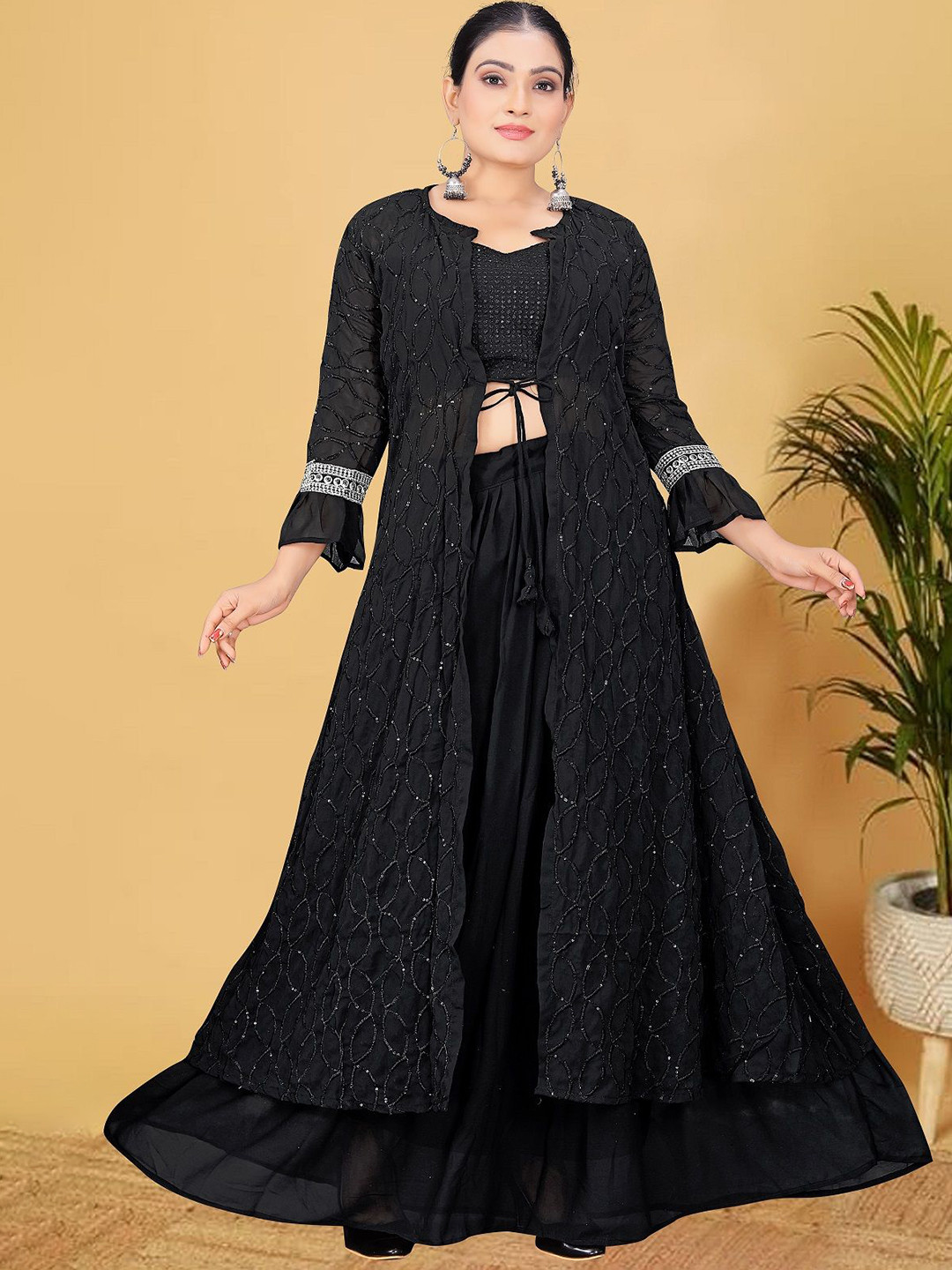 GRISHU COLLECTION Heavy Sequence Embroidered Top With Skirt & Shrug Co-Ords