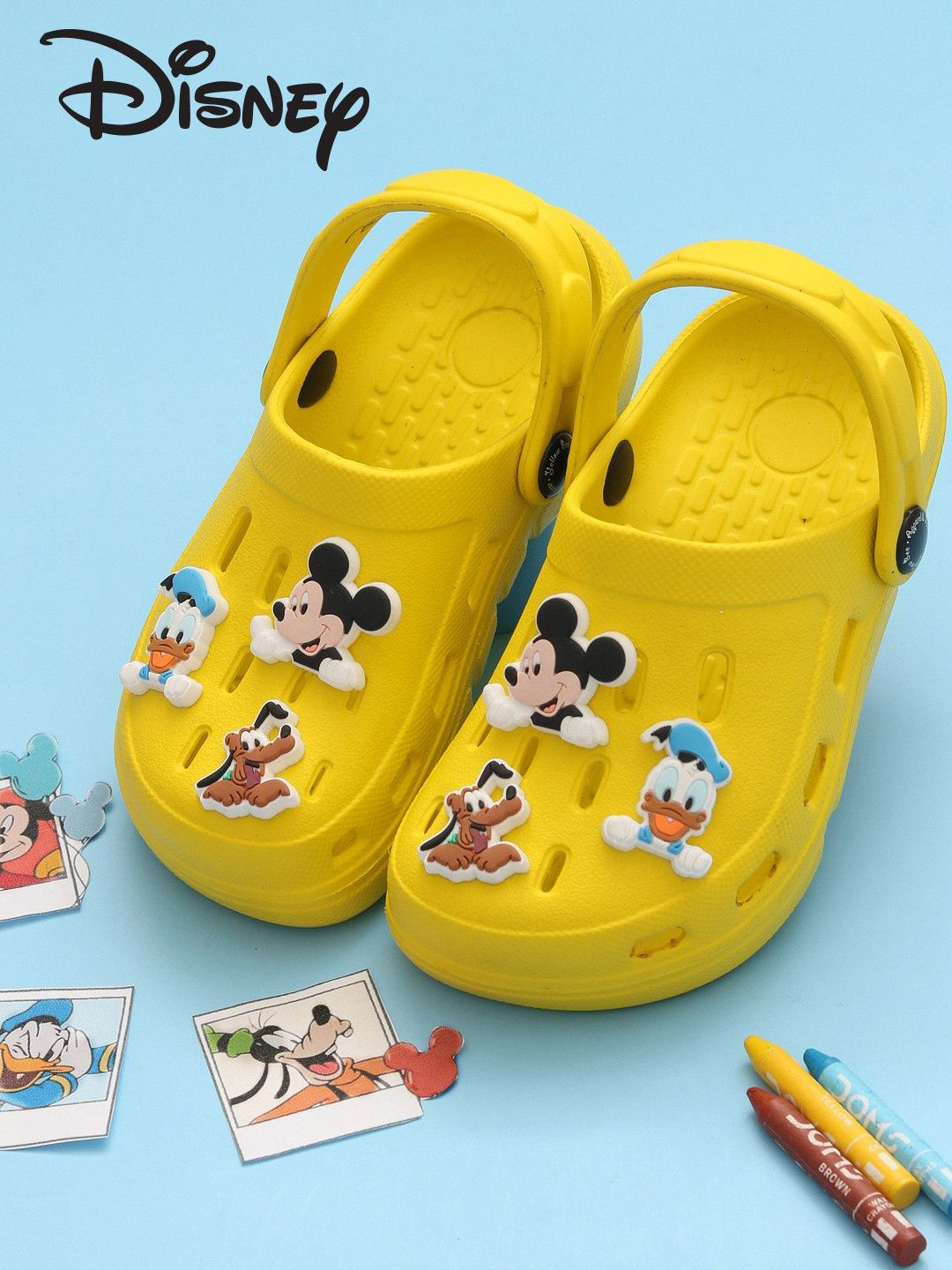 Disney By Yellow Bee Boys Clogs With Mickey Mouse Donald Duck & Pluto Charms Flip Flops