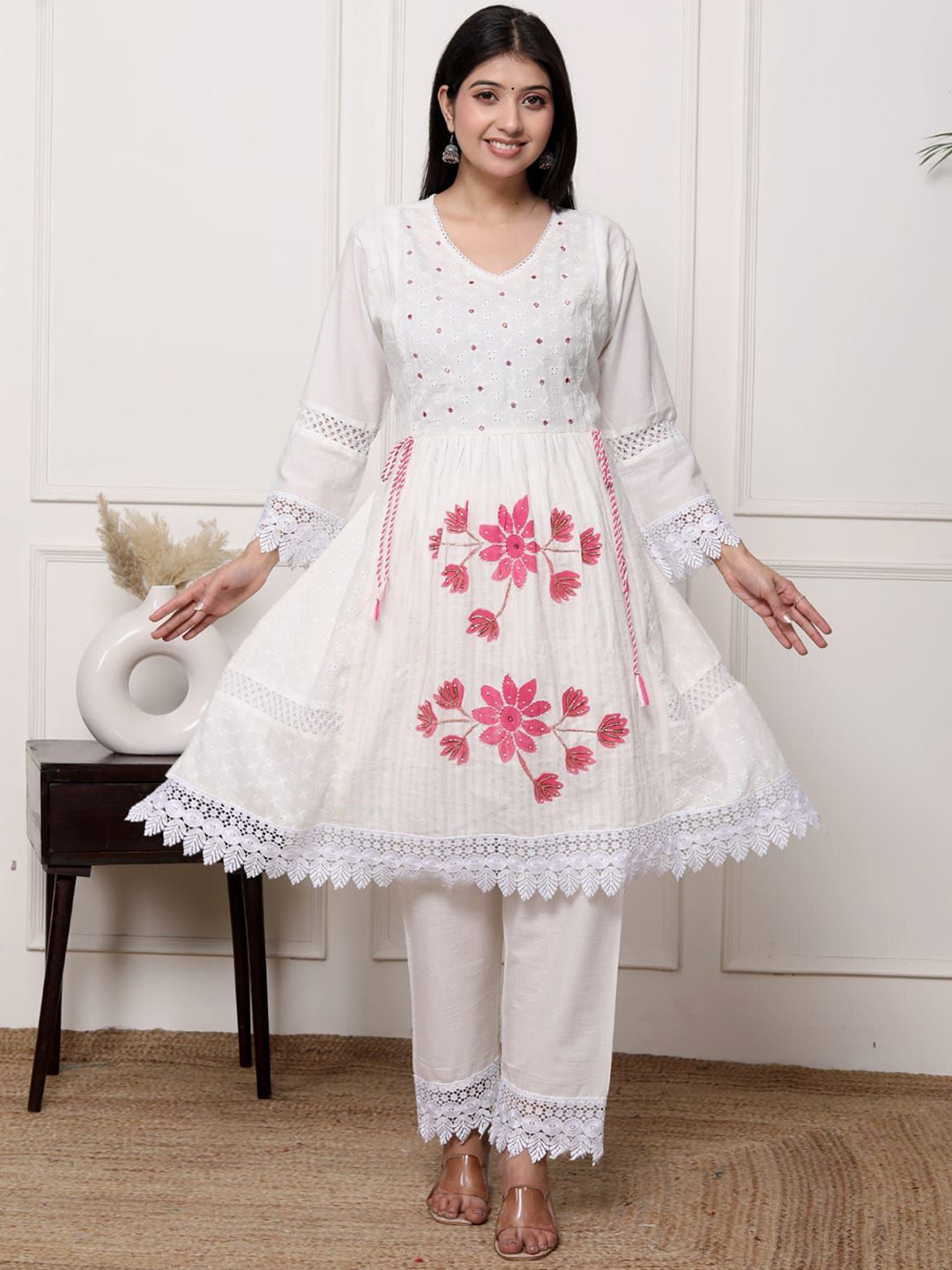 LP LABEL PEHNAVA Floral Embroidered V Neck A Line Pure Cotton Kurta With Trouser & Dupatta