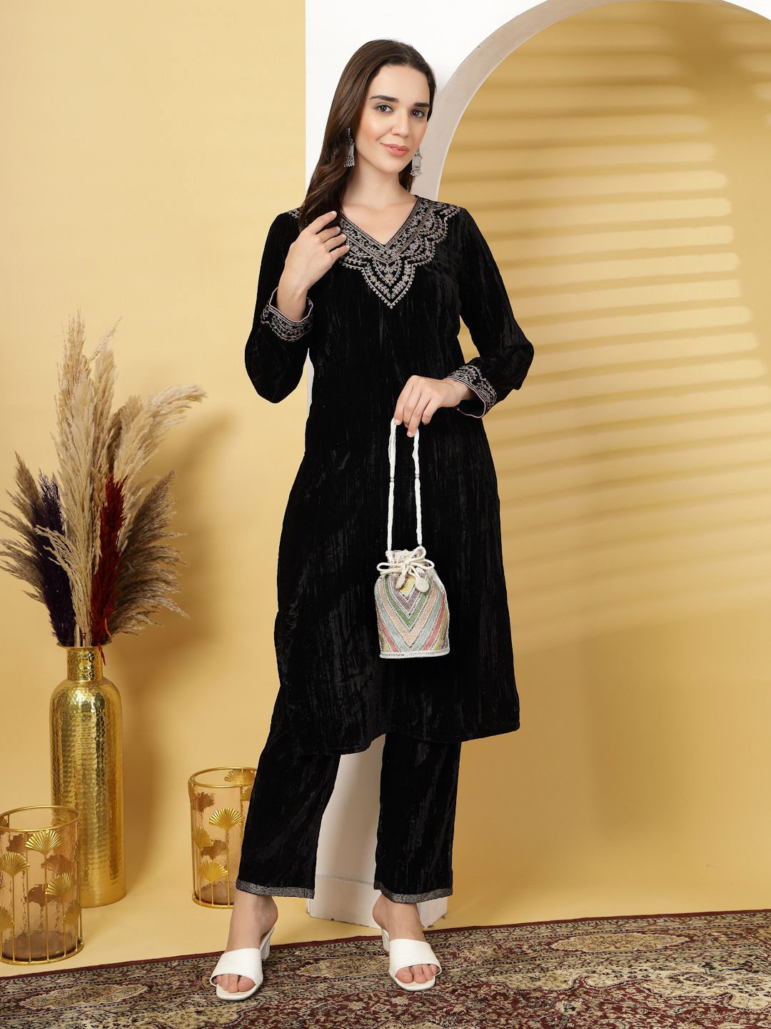 Anekaant Dangle White & Pastel Multi Chevron Embellished Faux Silk Potli