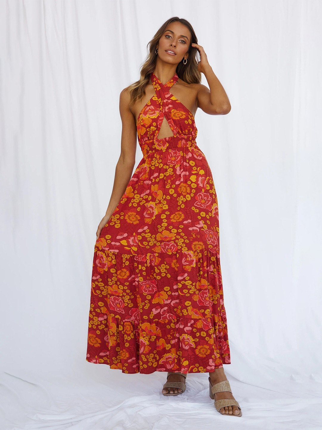 StyleCast Red Floral Print Halter Neck Cotton Maxi Dress