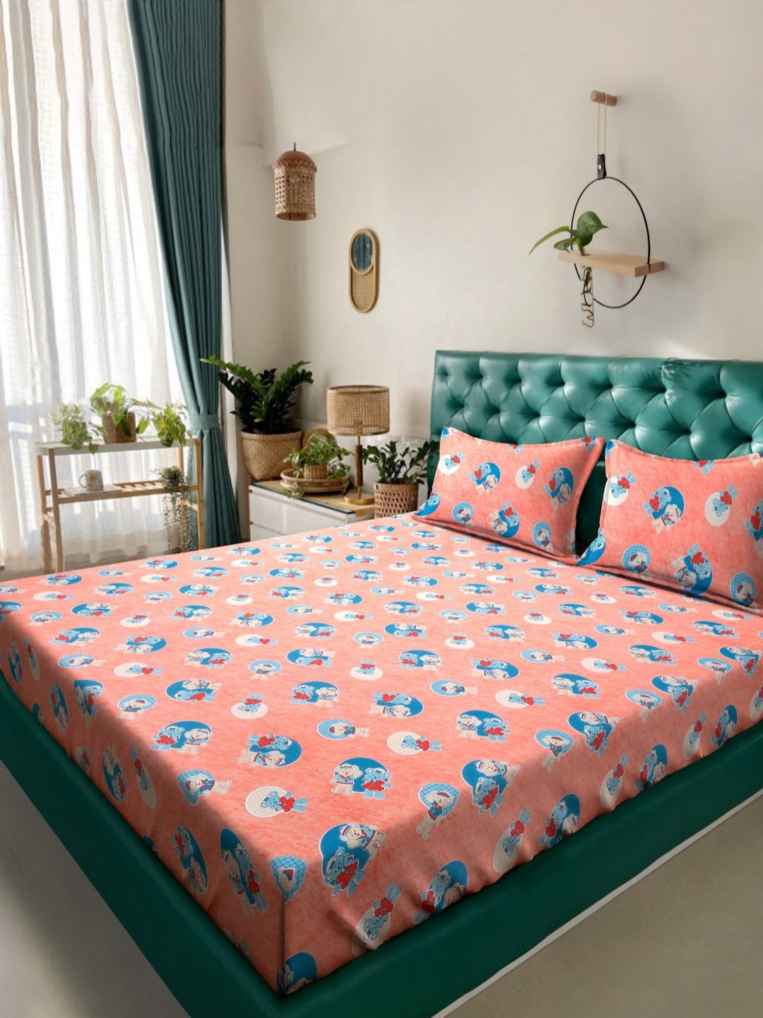 Myntra Elegant Homes Kinder Joy Orange Conversational Pure Cotton 400 TC King Superfine Bedsheet with 2 Pillow Covers-98 x 89 inches