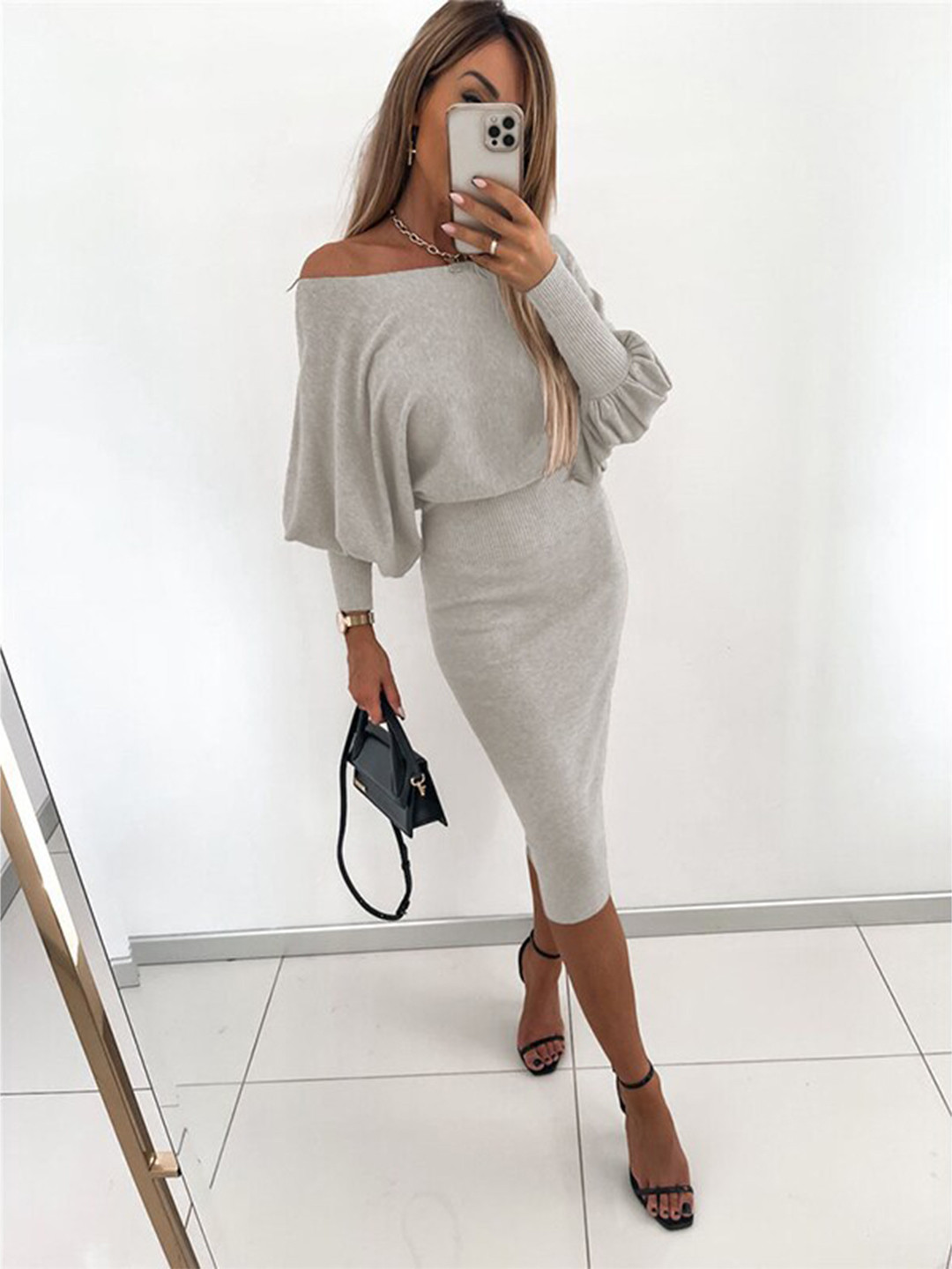 StyleCast Grey Off-Shoulder Cuffed Sleeves Midi Bodycon Dress