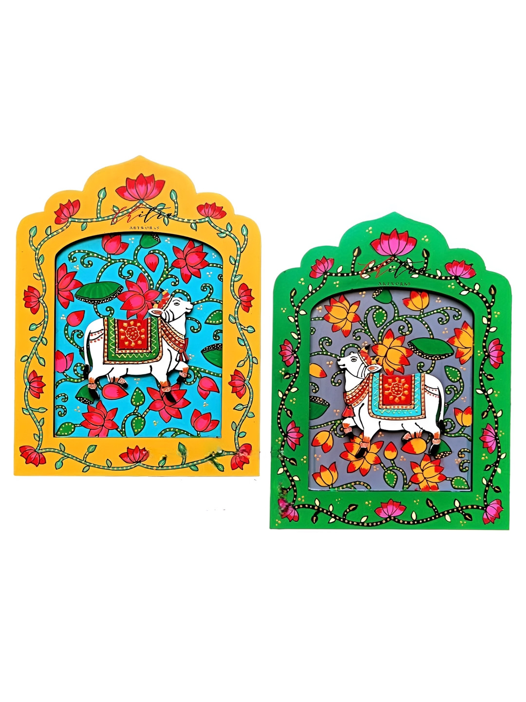 Chitra Artworks Lippan Art Wood Floral Matte Hall 2Pcs Wall Hangings-13In