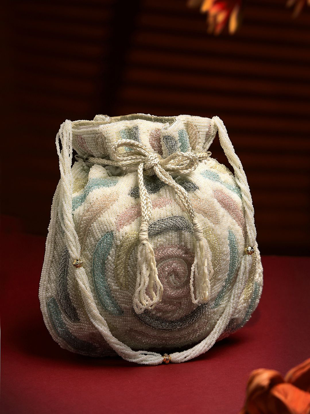 Anekaant Dangle White & Pastel Multi Rose Embellished Faux Silk Potli