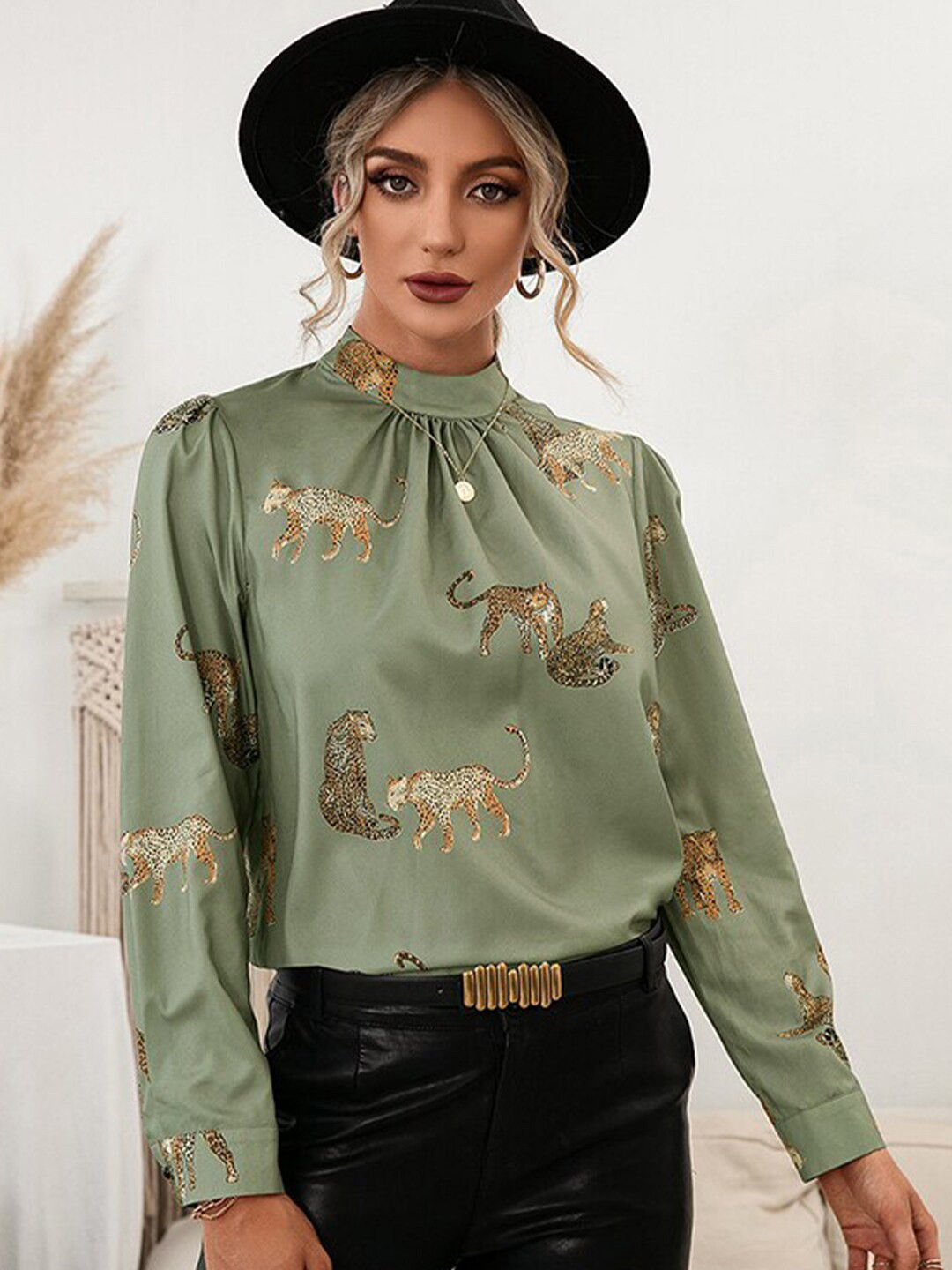 StyleCast x Revolte Conversational Printed High Neck Cuffed Sleeves Top