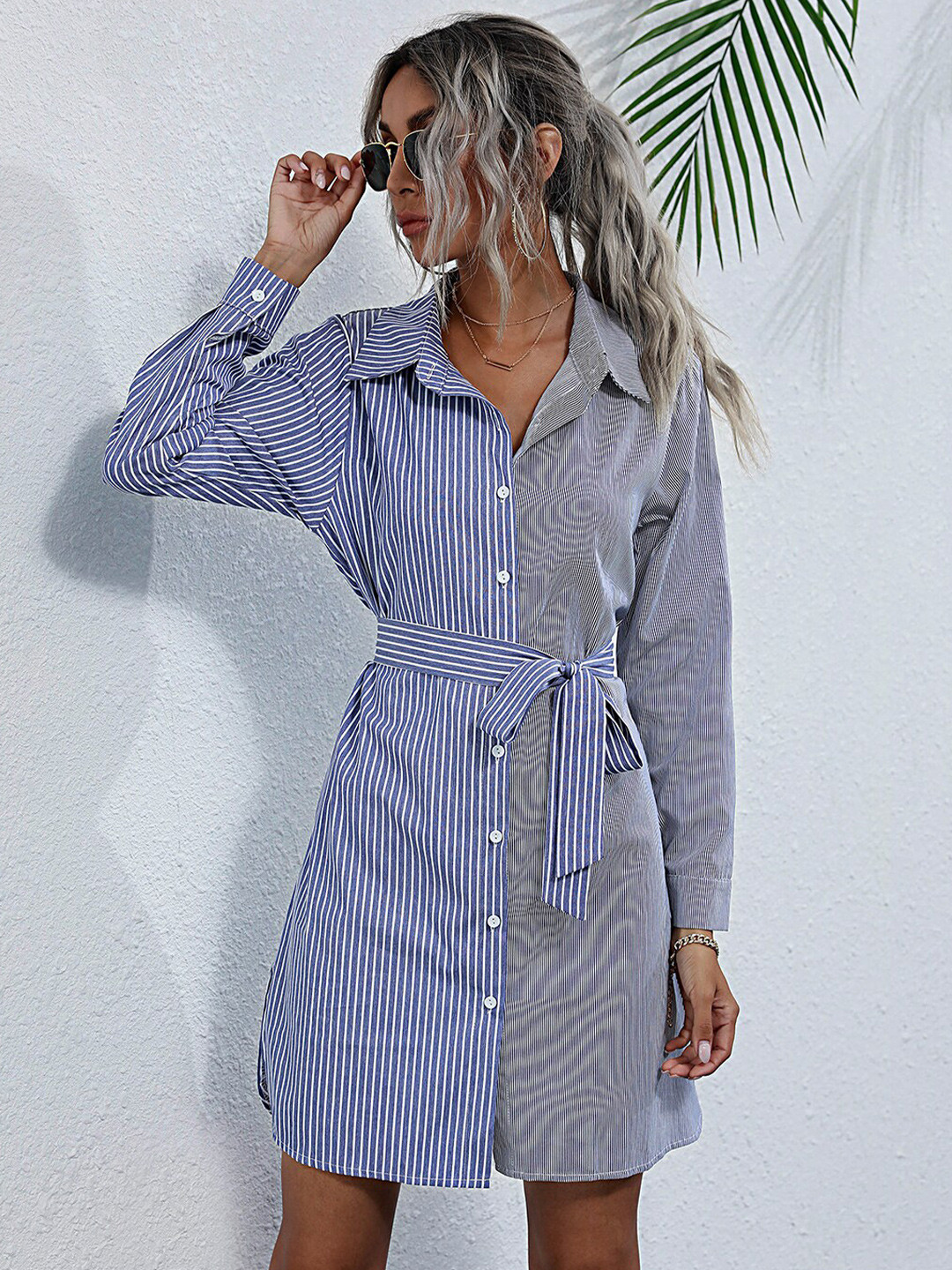 StyleCast Blue Striped Shirt Collar Cuffed Sleeves Belted Shirt Dress