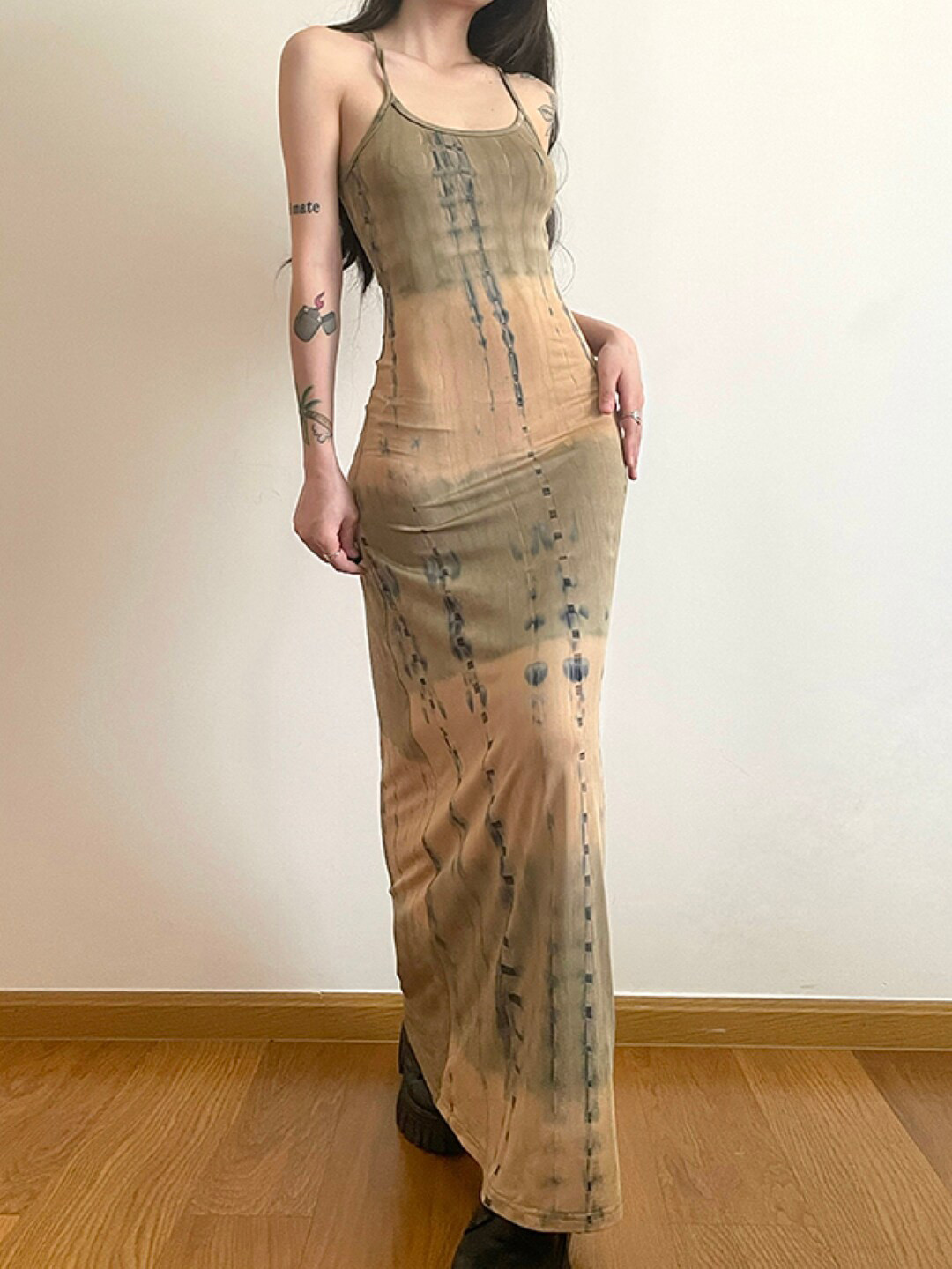 StyleCast Printed Shoulder Straps Bodycon Maxi Dress
