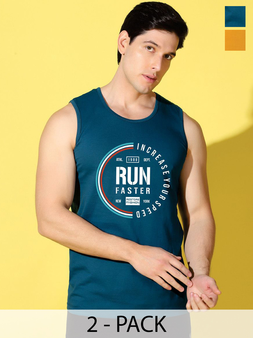 WOOSTRO 2-Pc Printed Combed Cotton Innerwear Vests VWS26(RUN PEACOCK)(ENJOY MUSTARD)