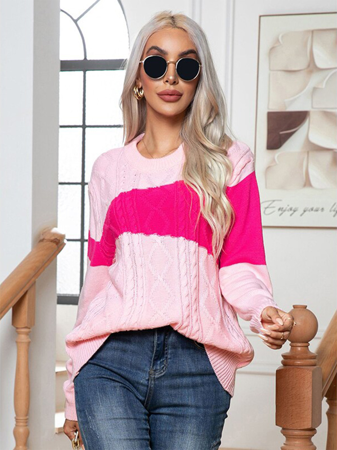 StyleCast Pink Self Design Cable Knit Acrylic Pullover Sweater