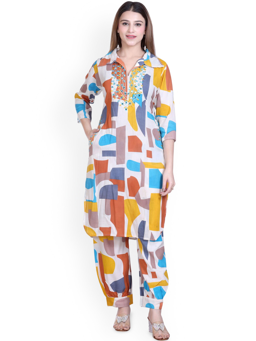 WOOL 4U Printed Shirt Collar Top With Harem Pant Co-Ords