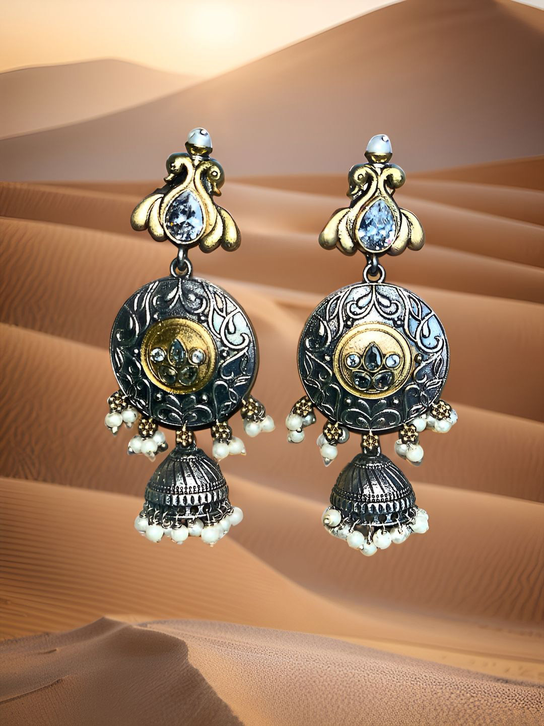 Bucciato Private Limited Brass-Plated Dome Shaped Stones Studded & Beaded Jhumkas