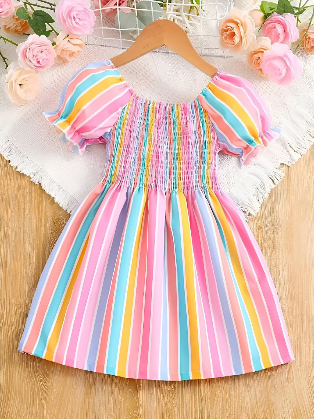 White World Girls Candy Stripes Puff Sleeve Smocked Knee Length Fit & Flare Dress