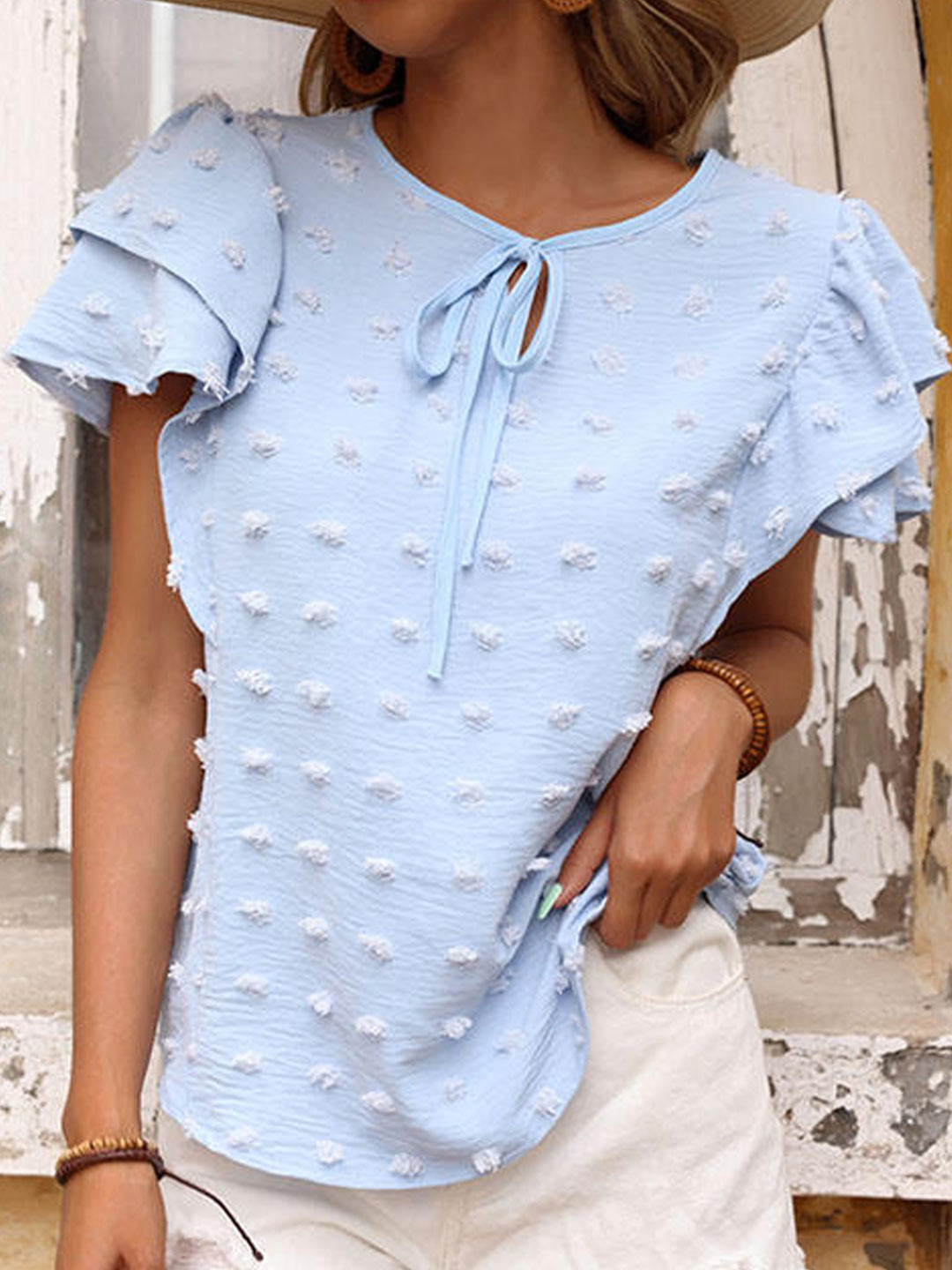 StyleCast Blue Self Design Tie Up Neck Top