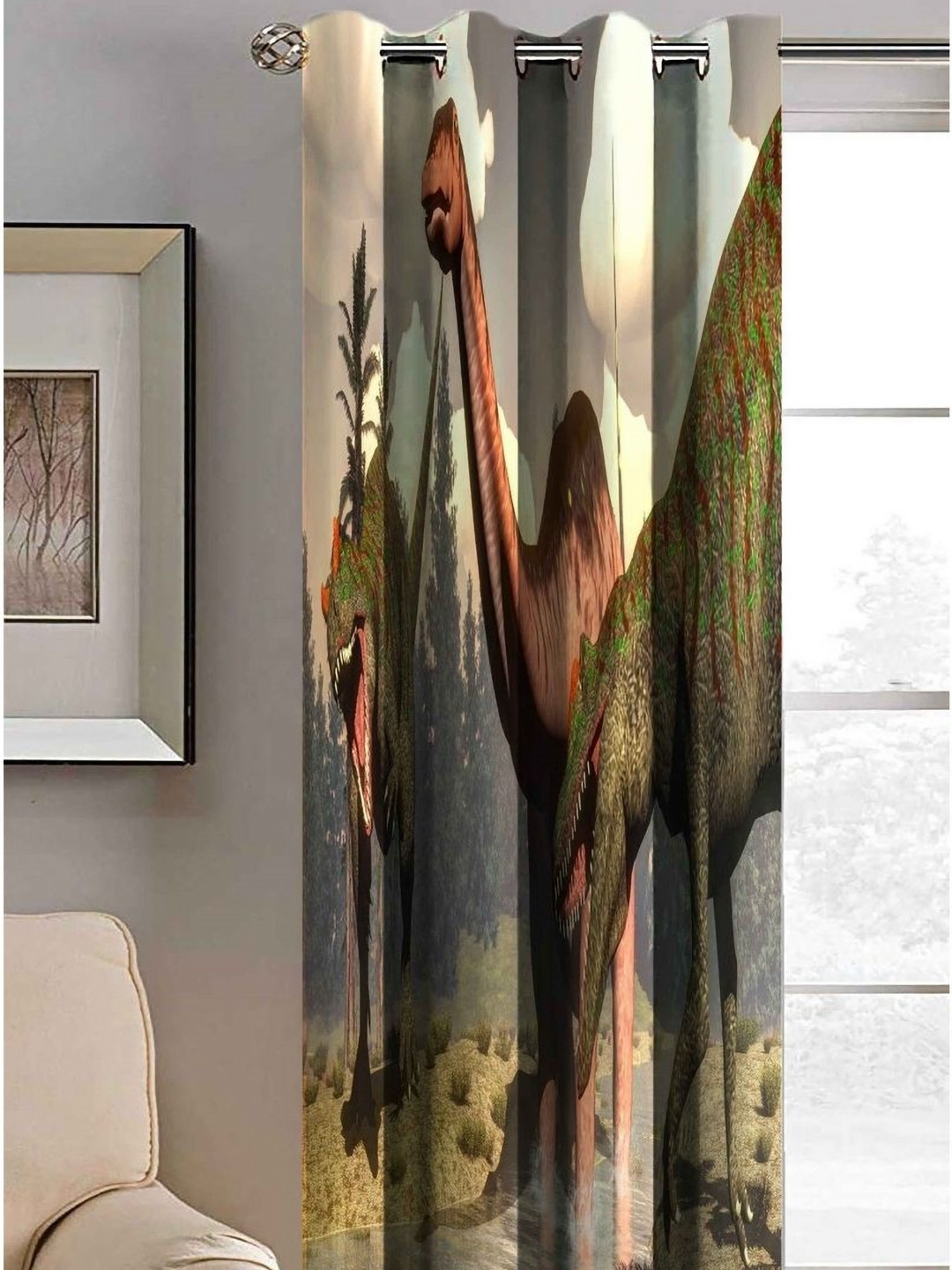 Aura Off White & Brown Dinosaur  Printed Light Blocking Window Curtain