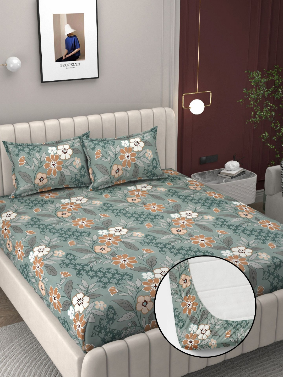 Bromwick Coffee Brown Floral Microfiber 250 TC Fitted King Superfine Bedsheet with 2 Pillow Covers-78 x 72 inches