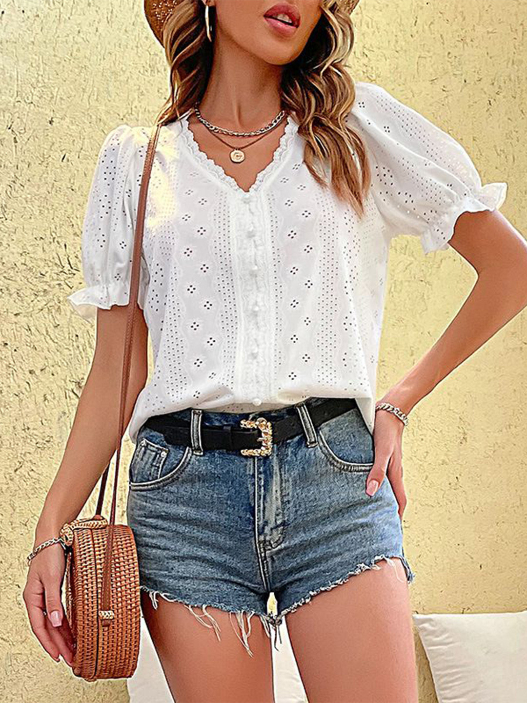 StyleCast Casual V-Neck Floral Schiffli Top