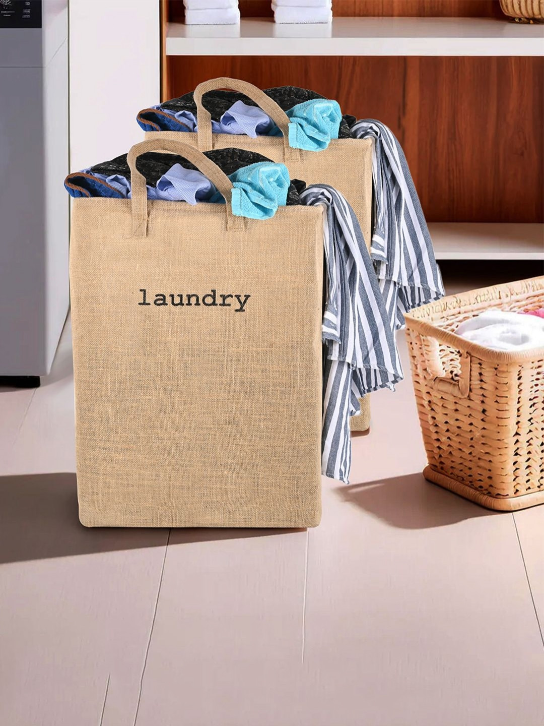 Myntra Elegant Homes 2Pc Brown Foldable Laundry Basket with Handles