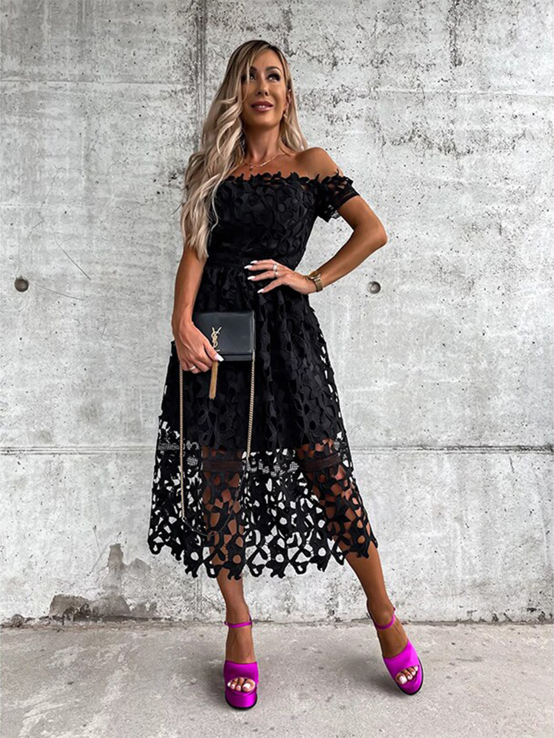 Black Abstract Off-Shoulder Lace Up Fit & Flare Midi Dress