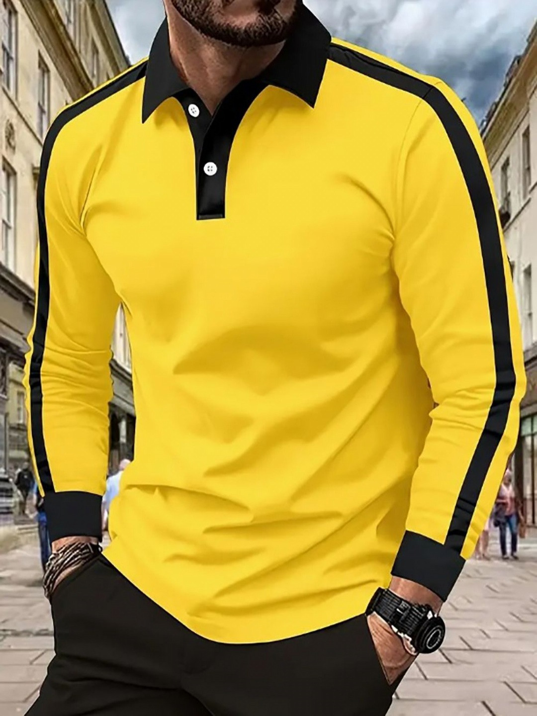 Yellow & Black Solid Polo Collar T-shirt