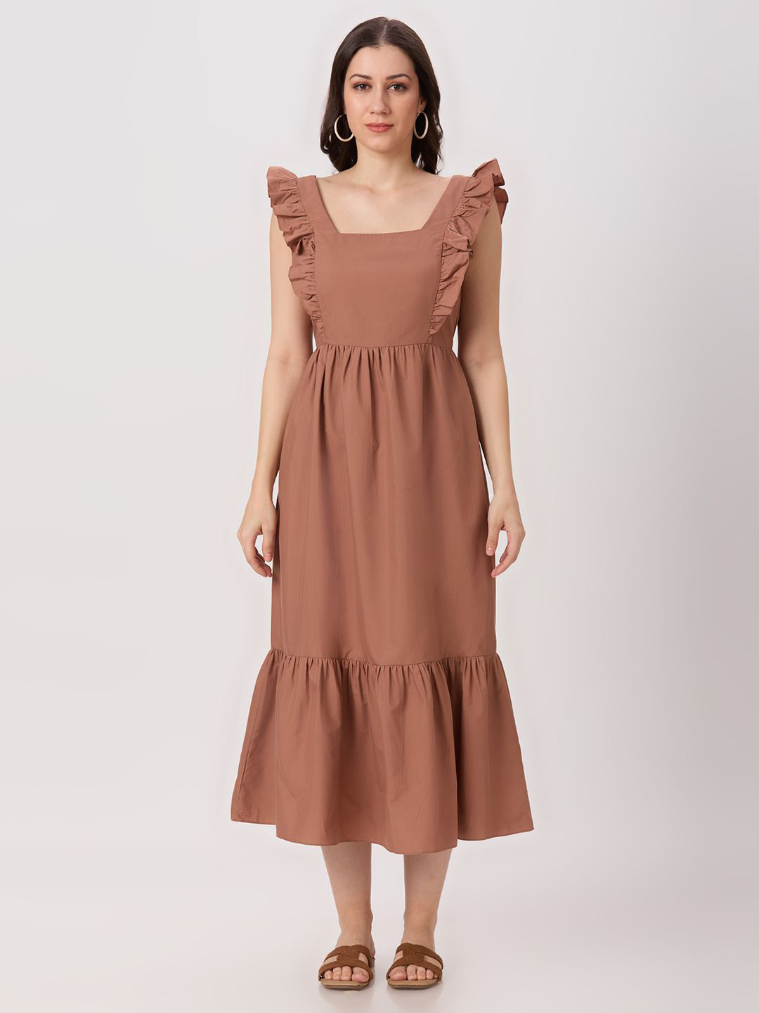 PEACH & PANDA Women Cotton Square Neck Flutter Sleeve Fit & Flare Midi Dress