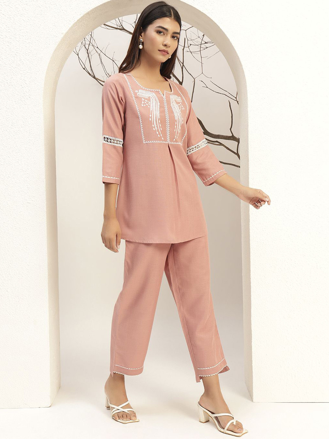Bani Women Pink Color With Embroidery Round Neck Casual Tunic With Trouser Co-Ords Set