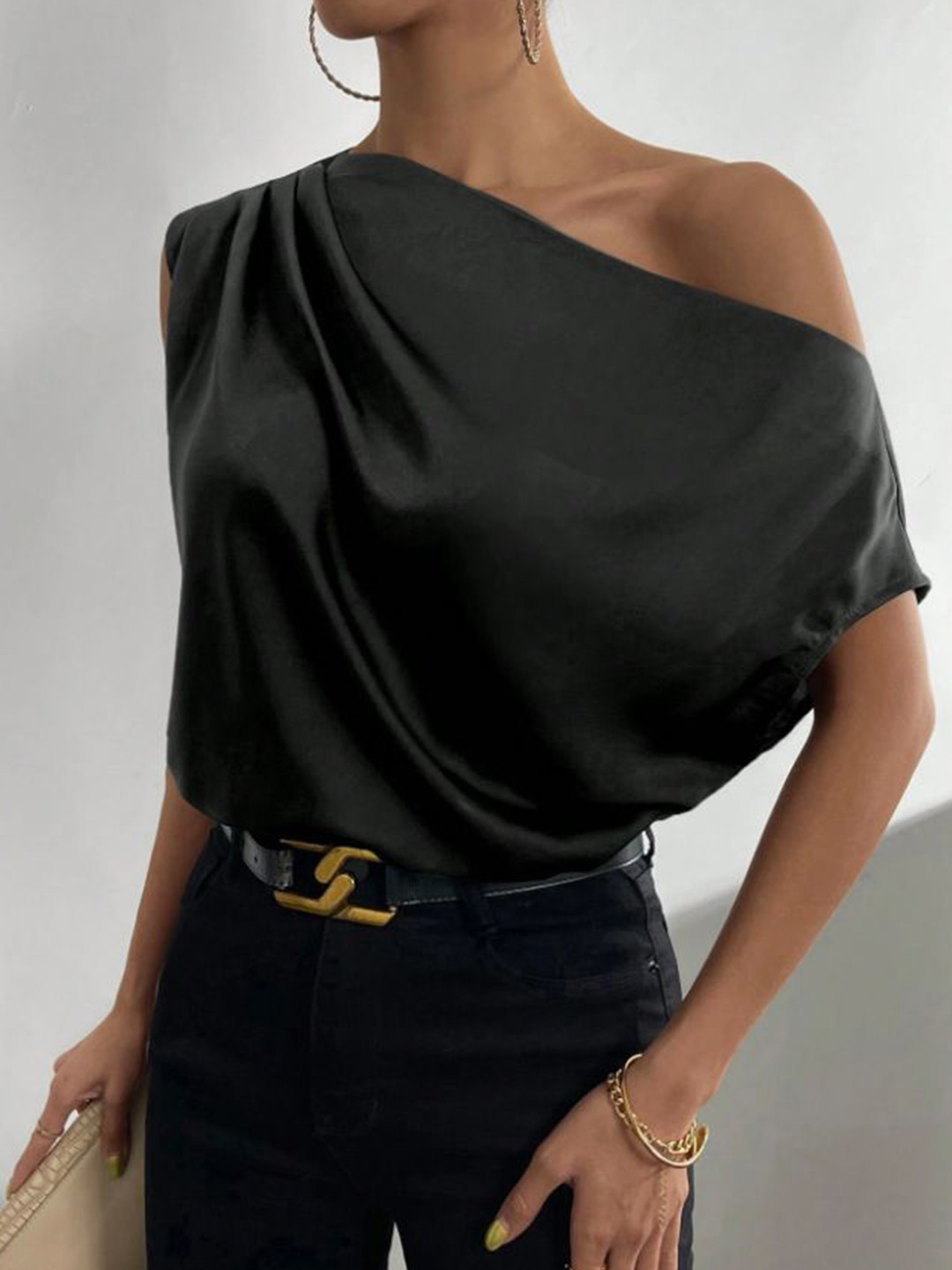 StyleCast Women Solid Black One Shoulder Extended Sleeves Satin Top