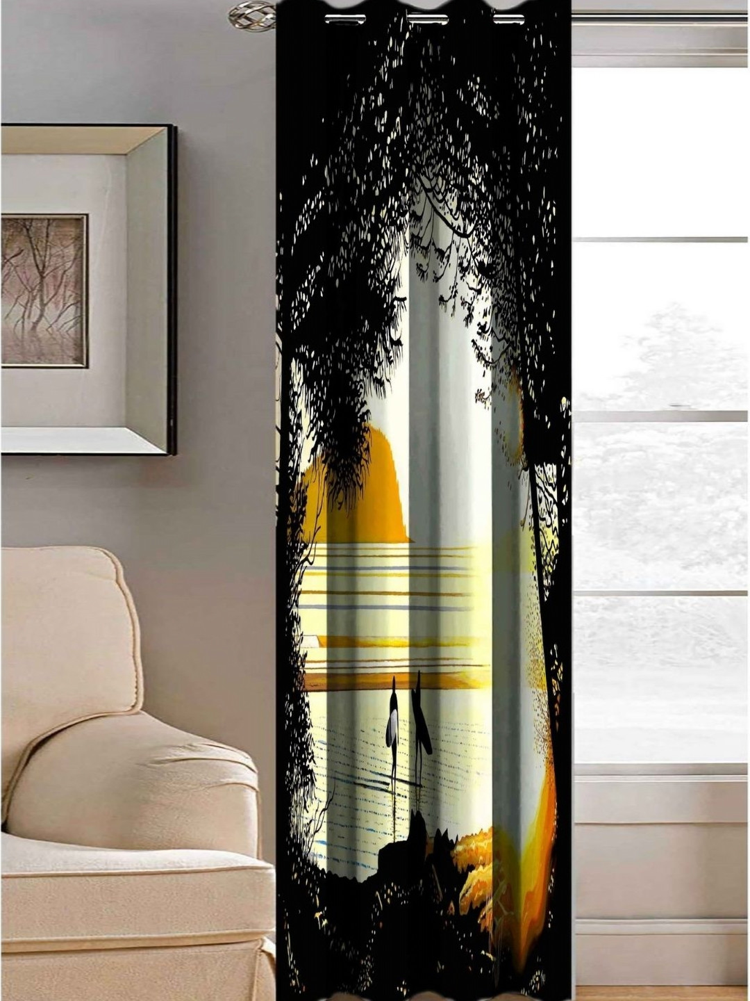 Aura Black & Orange Sunset Beach Printed Light Blocking Door Curtain