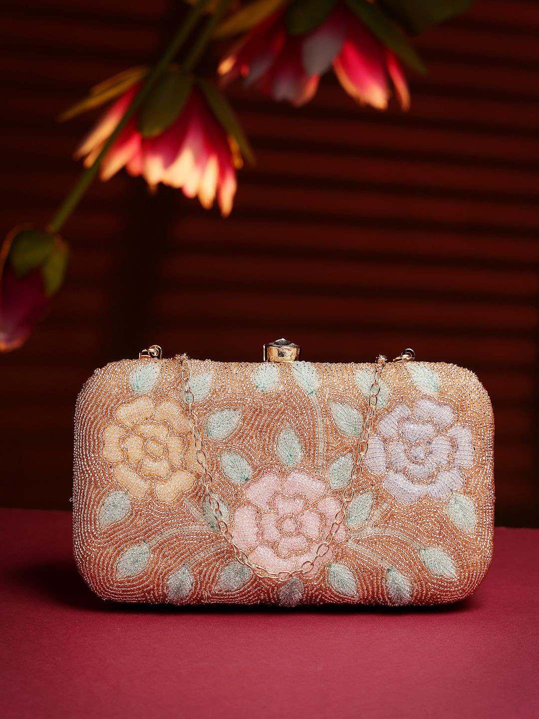 Anekaant Adorn Gold & Pastel Multi Floral Embellished Fabric Clutch