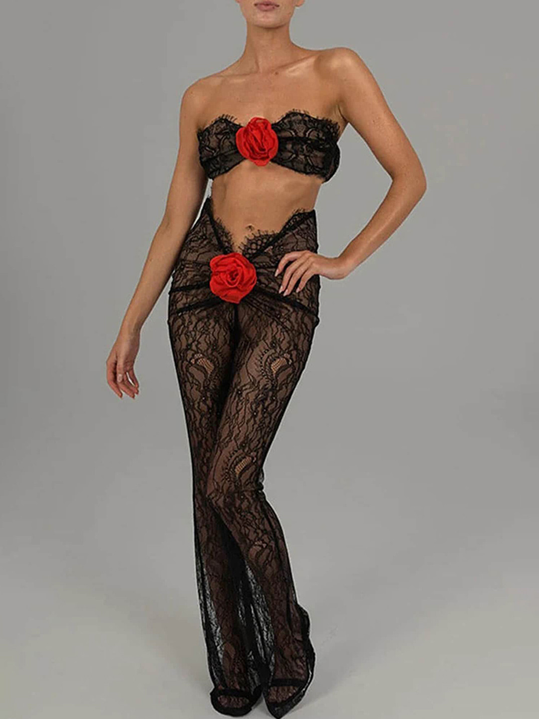 LULU & SKY Cut-Out Detail Laced Semi Sheer Strapless Basic Jumpsuit