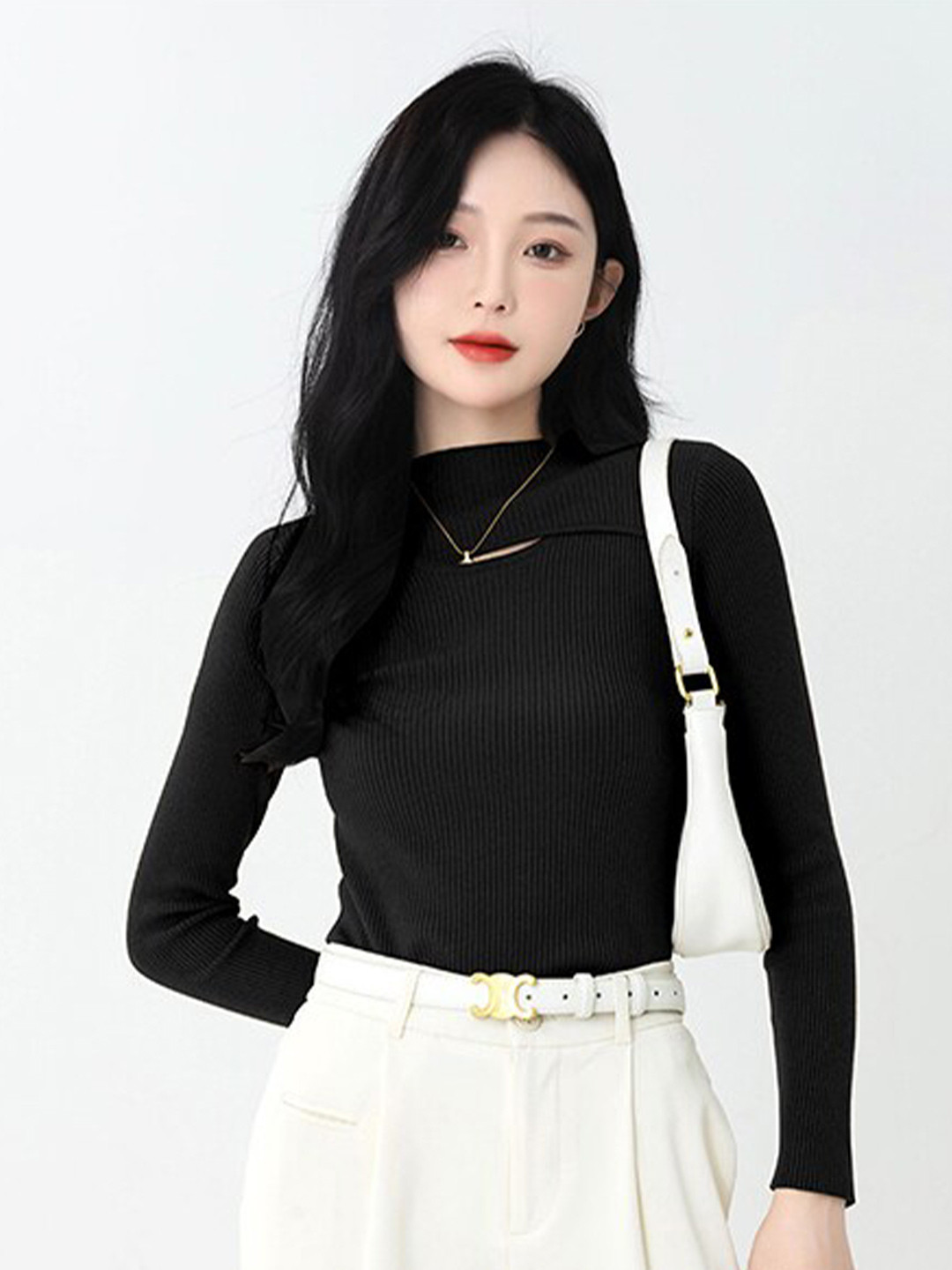 StyleCast Black High Neck Long Sleeves Cut-Outs Fitted Top