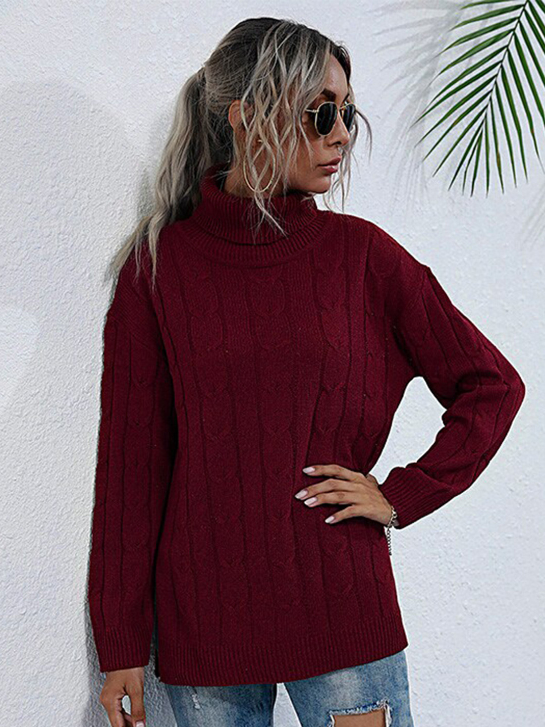 StyleCast Red Cable Knit Self Design Turtle Neck Pullover Sweater
